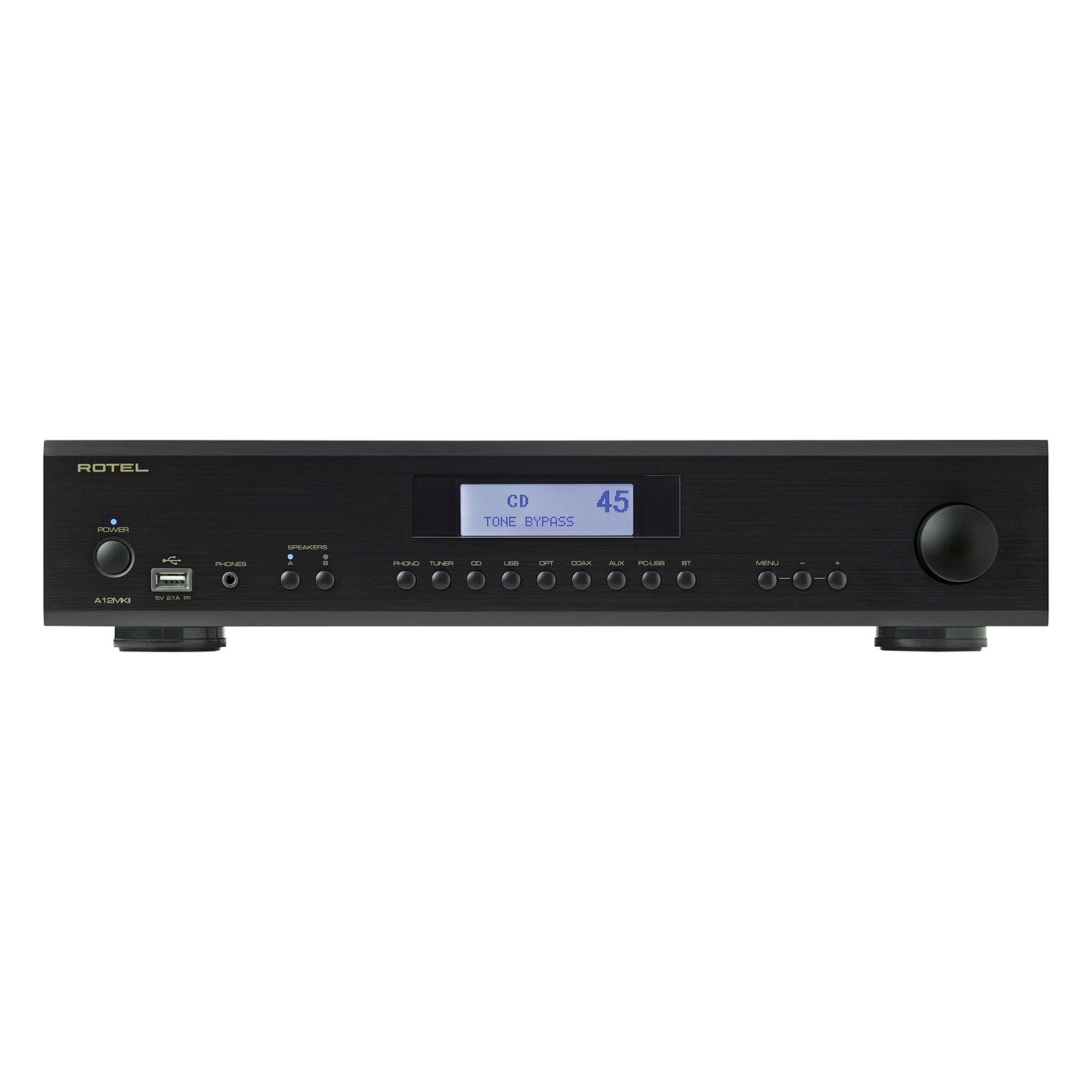 front view of rotel a12 mkii integrated amp in black color