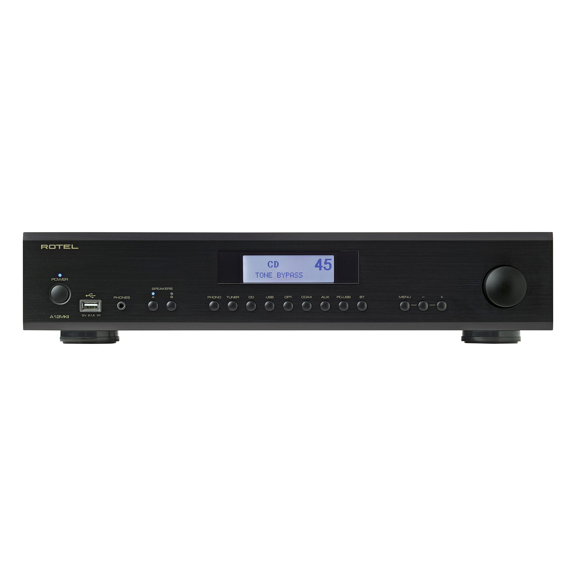 front view of rotel a12 mkii integrated amp in black color