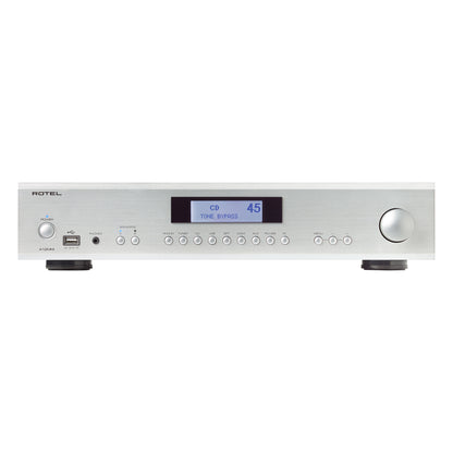front view of rotel a12 mkii integrated amp in silver color