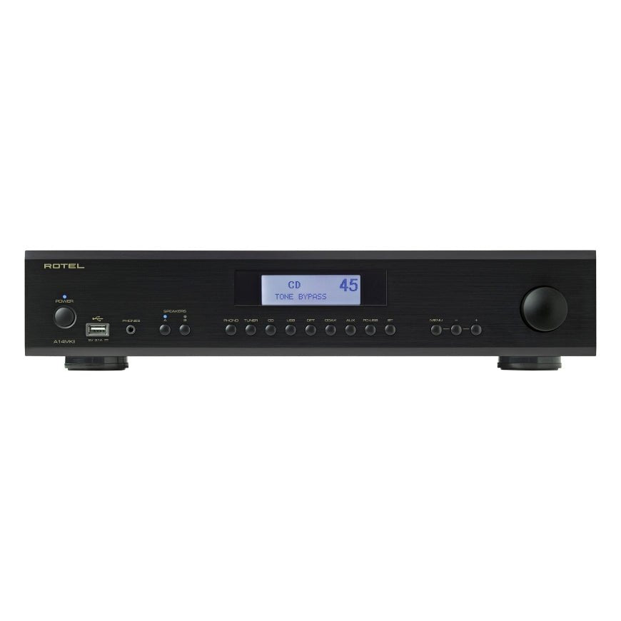 front view of rotel a14 mkii integrated amp in black color