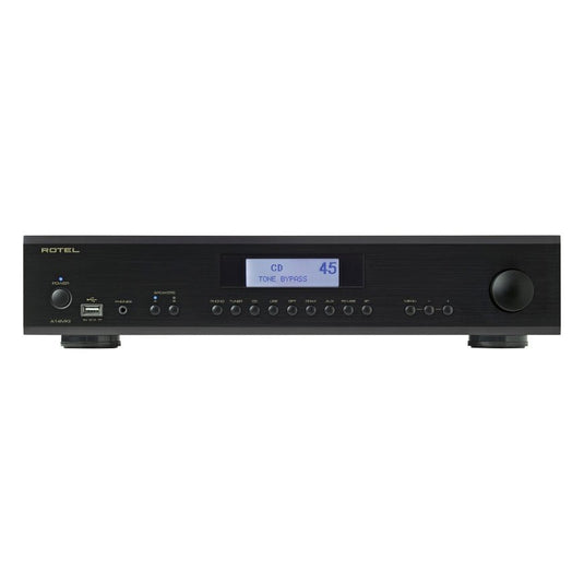 front view of rotel a14 mkii integrated amp in black color