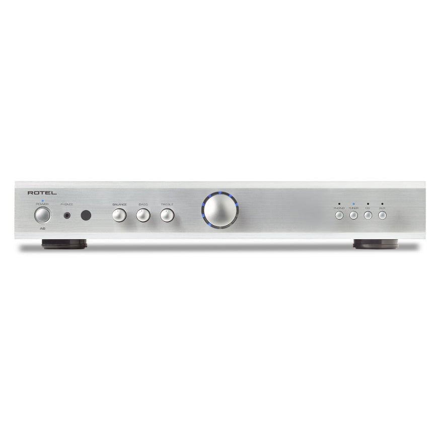 front view of rotel a8 integrated amp in silver color