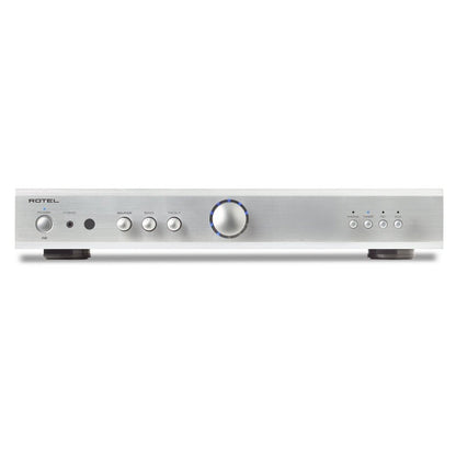 front view of rotel a8 integrated amp in silver color