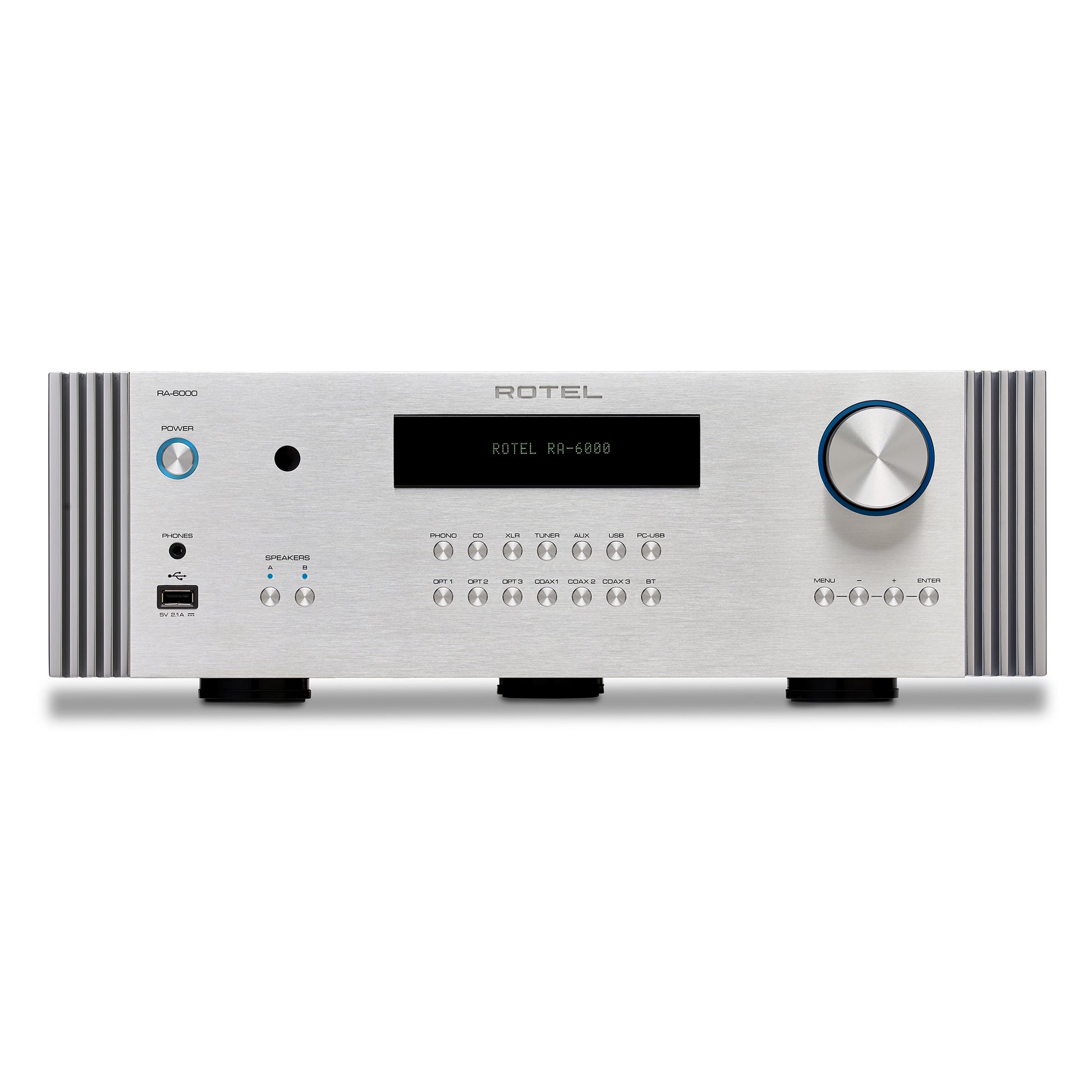 front view of rotel ra6000 diamond integrated amp in silver color