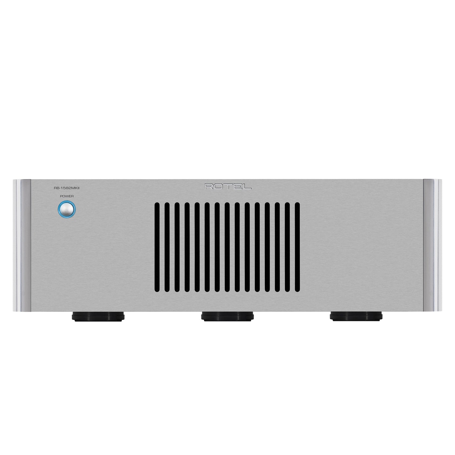 Silver amplifier with brand logo on a white background