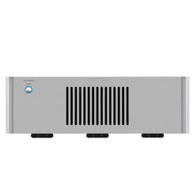 Silver amplifier with brand logo on a white background