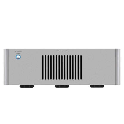 Silver amplifier with brand logo on a white background