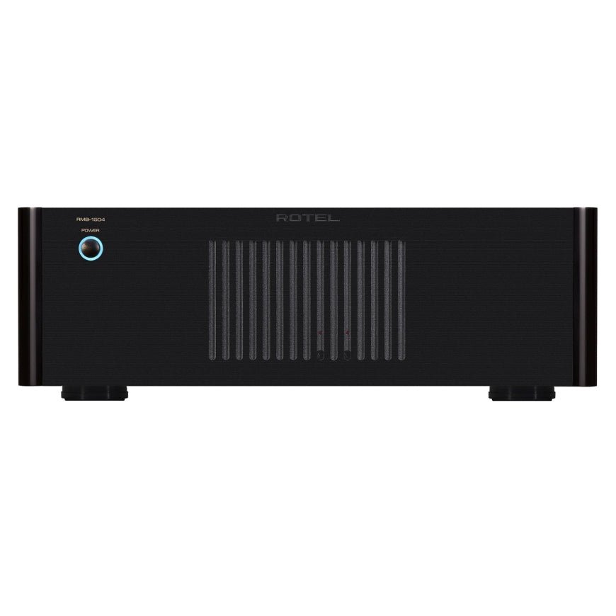 Black audio amplifier with 'Rotel' branding on a white background
