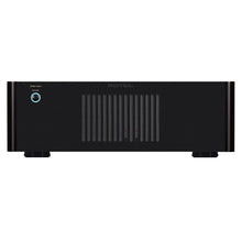Black audio amplifier with 'Rotel' branding on a white background