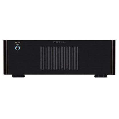 Black audio amplifier with 'Rotel' branding on a white background