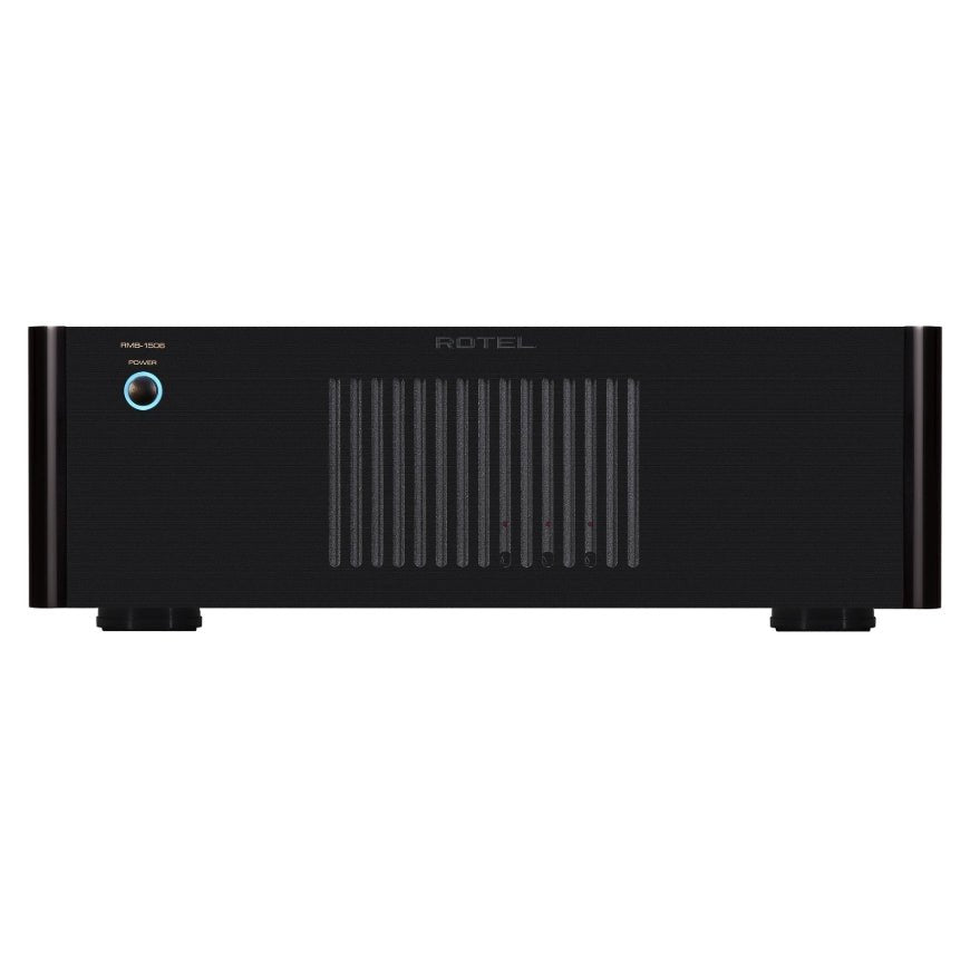 Black amplifier with 'Rotel' branding on a white background