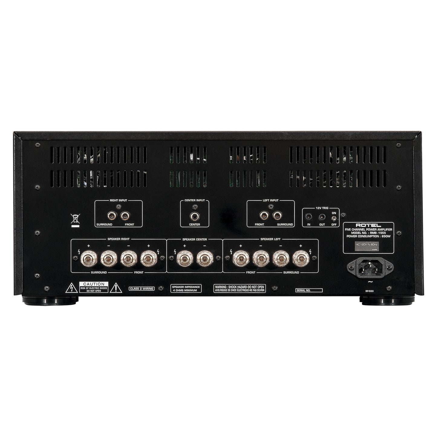 back panel of rotel rmb1555 5 channel amp
