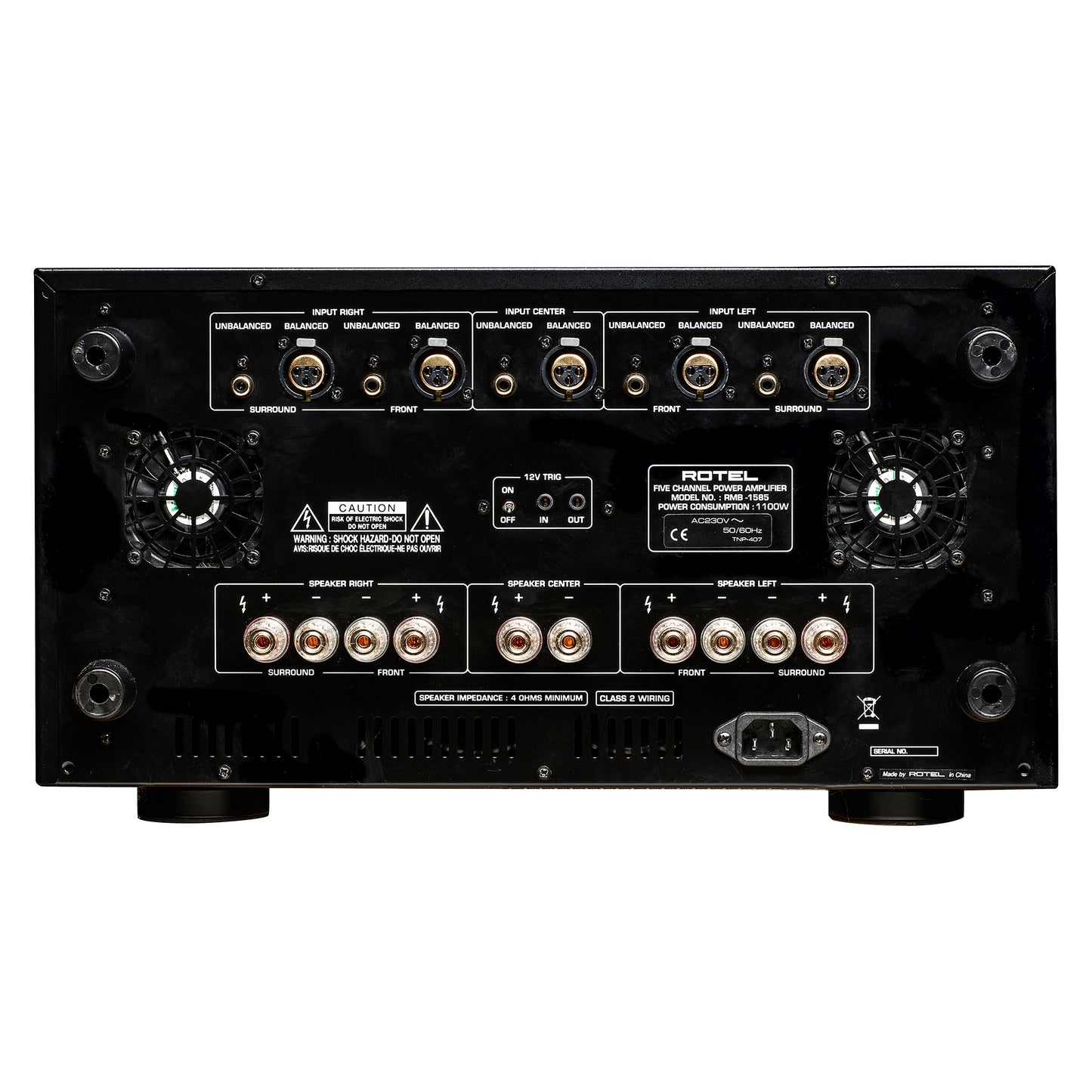 Black audio amplifier with various connectors on a white background