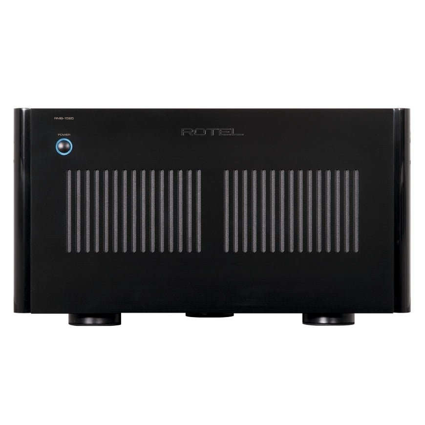 Black amplifier with 'Rotel' branding on a white background