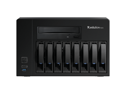 Black network-attached storage device with 'Rvolution NAS' branding on a white background