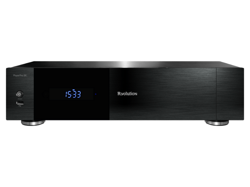 front view of rvolution player pro 8k digital media player in black color
