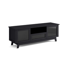 Black TV stand with glass doors on a white background