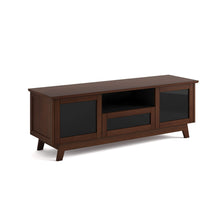 Wooden TV stand with glass panels on a white background