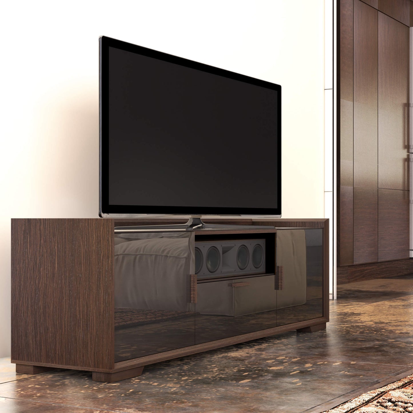 Wooden TV stand with a television mounted on it in a room.