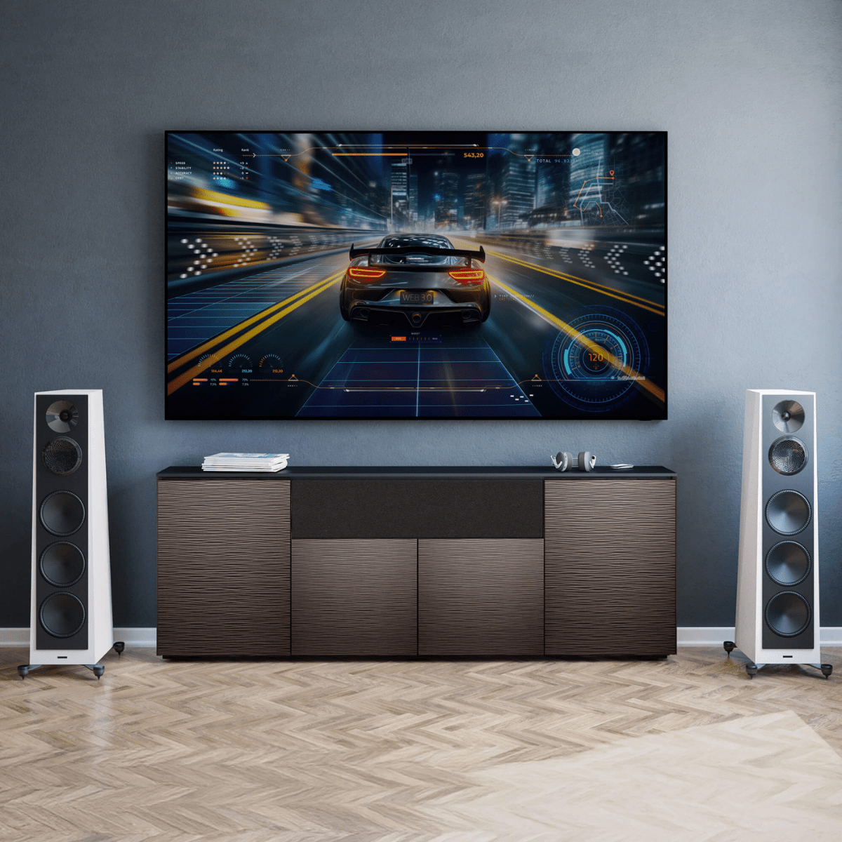 Modern living room with a large TV displaying a car racing game, flanked by two tall speakers.