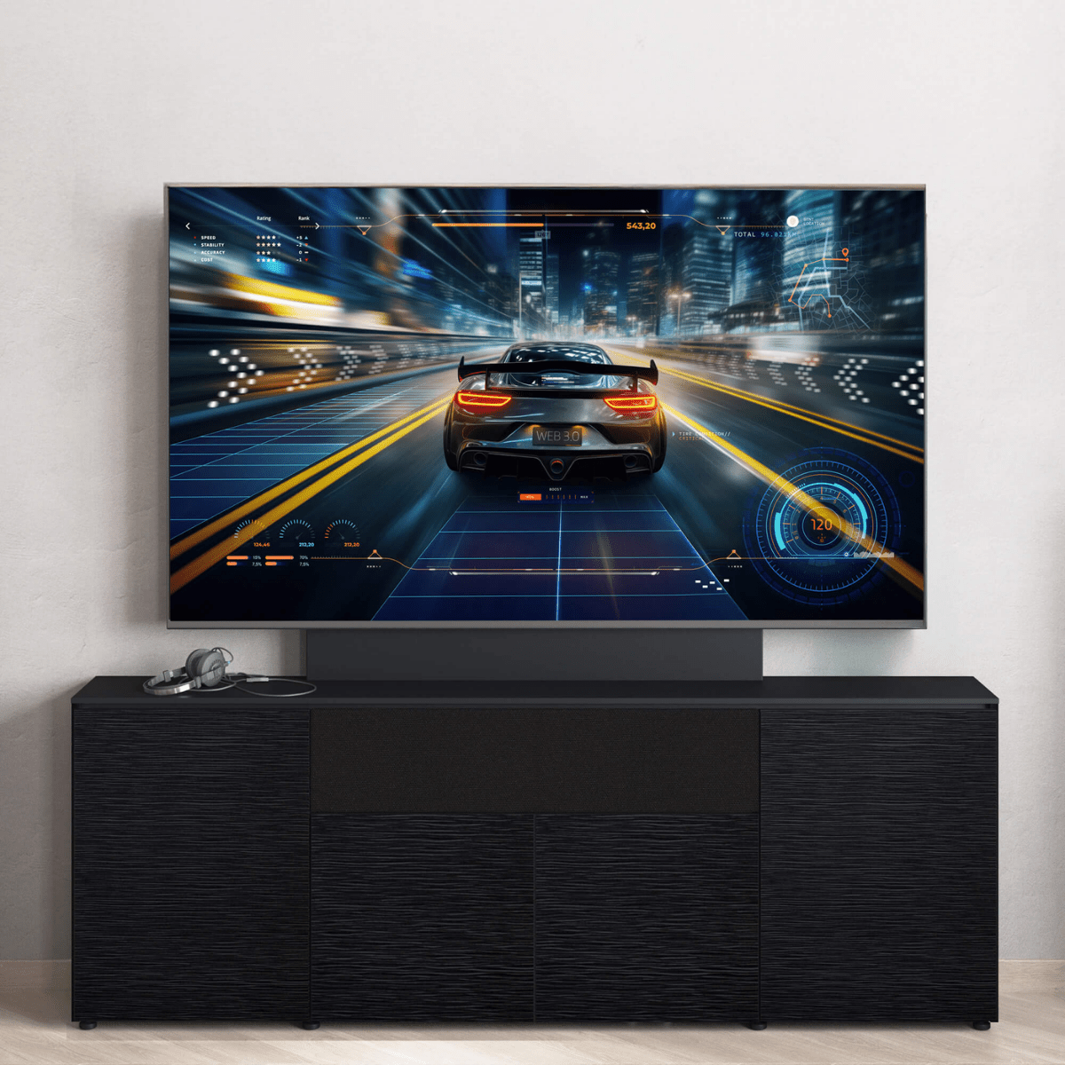 TV mounted on a black entertainment console with a car game on the screen