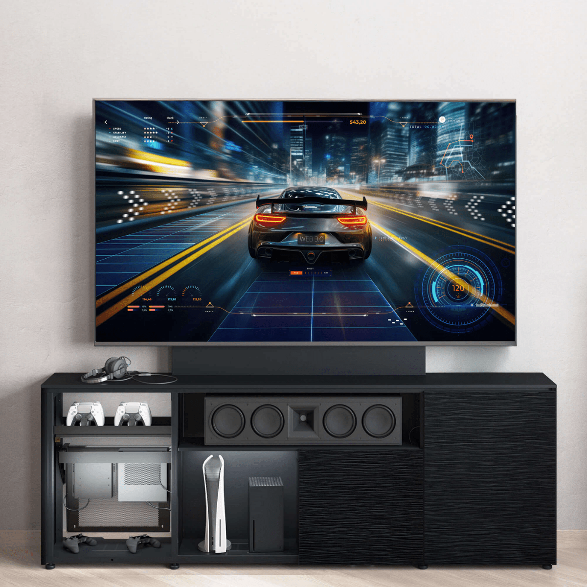 TV mounted on a entertainment console with a racing game displayed