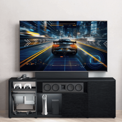 TV mounted on a entertainment console with a racing game displayed