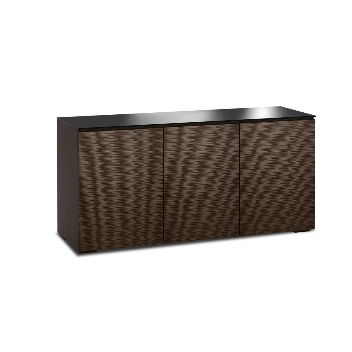 Dark brown wooden sideboard with three doors on a white background
