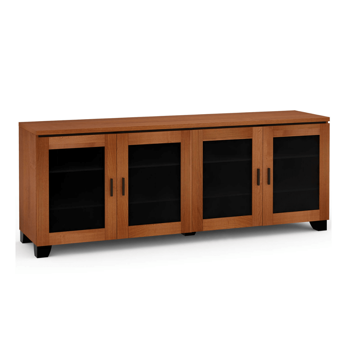 Wooden entertainment console with glass doors on a white background