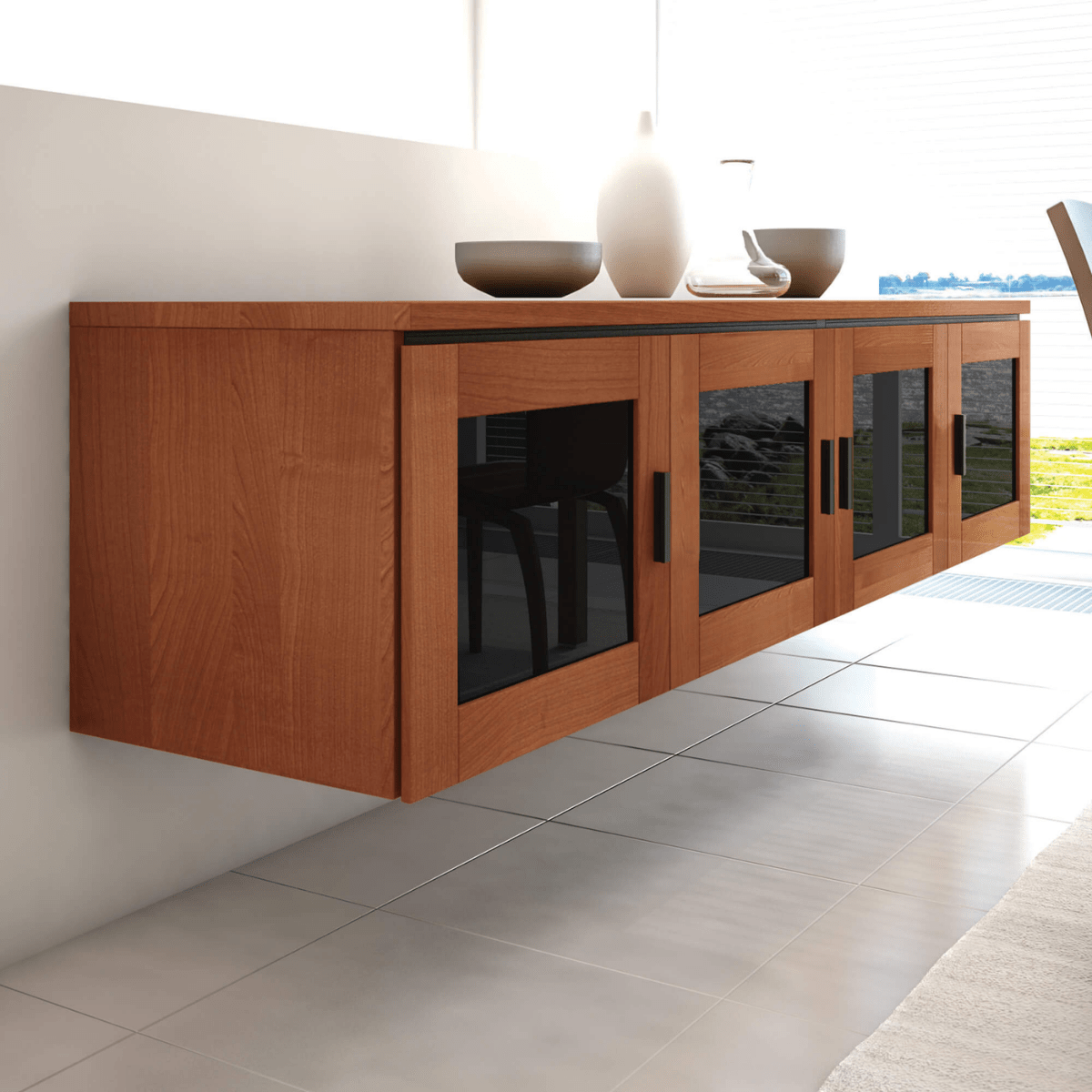 Wooden entertainment console with glass panels in a modern living room setting.