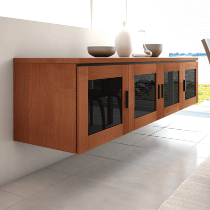 Wooden entertainment console with glass panels in a modern living room setting.
