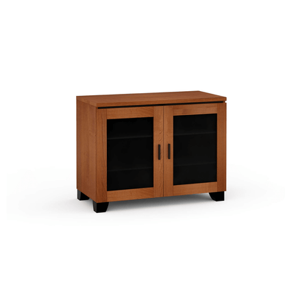 Wooden cabinet with glass doors on a white background