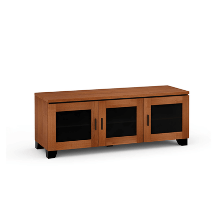 Wooden TV stand with glass panels on a white background