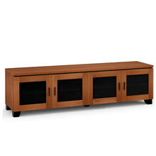 Wooden TV stand with glass panels on a white background