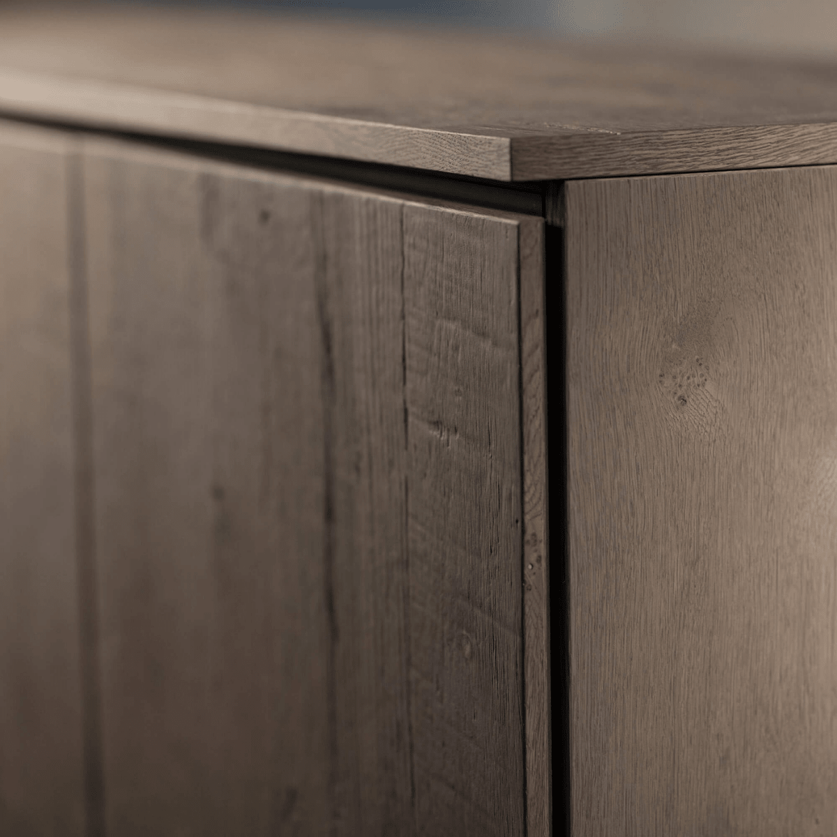 Salamander Designs Lancaster media cabinet barnboard oak rustic AV cabinet closeup