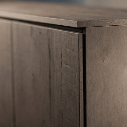 Salamander Designs Lancaster media cabinet barnboard oak rustic AV cabinet closeup