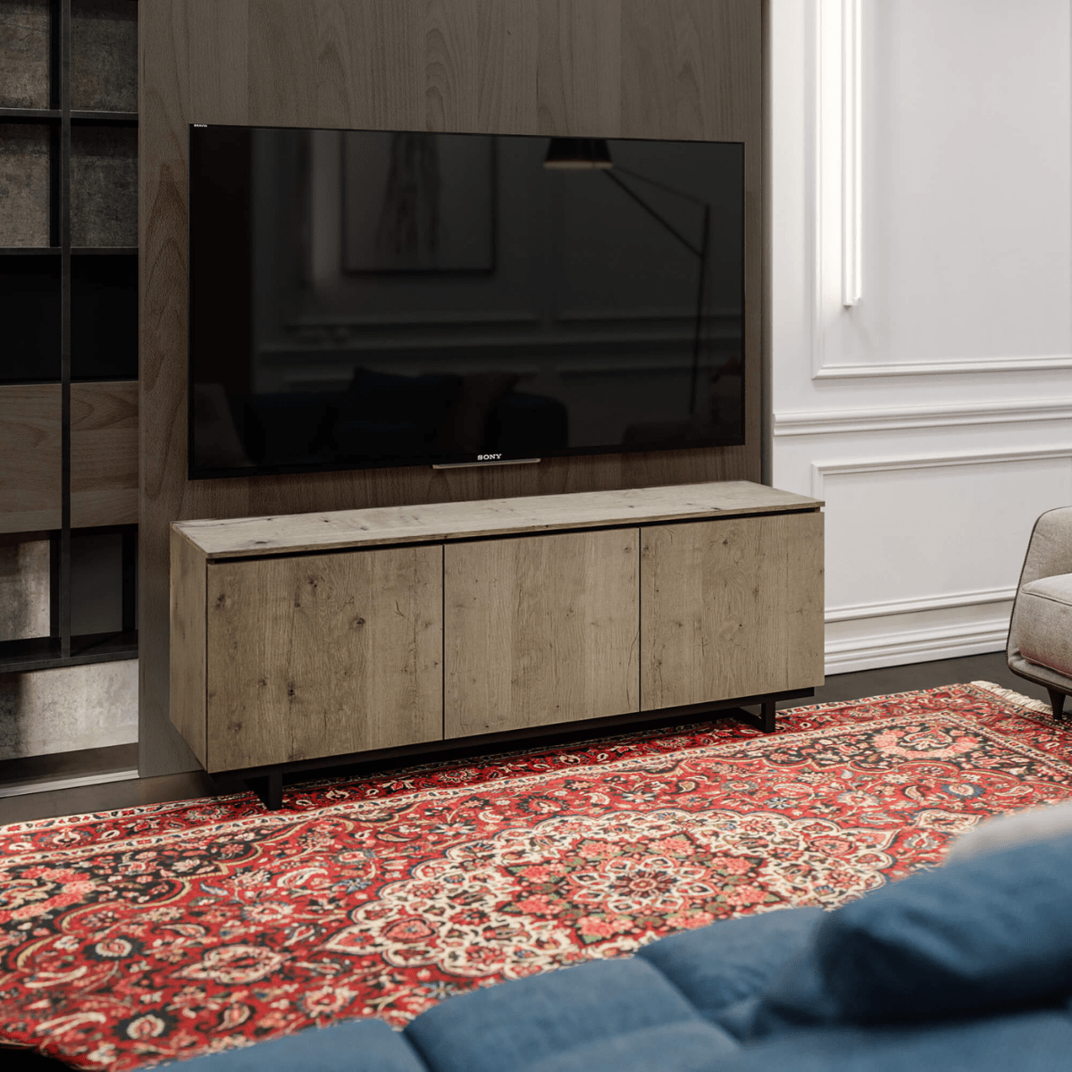 Salamander Designs Lancaster media cabinet barnboard oak rustic AV cabinet 3 bay