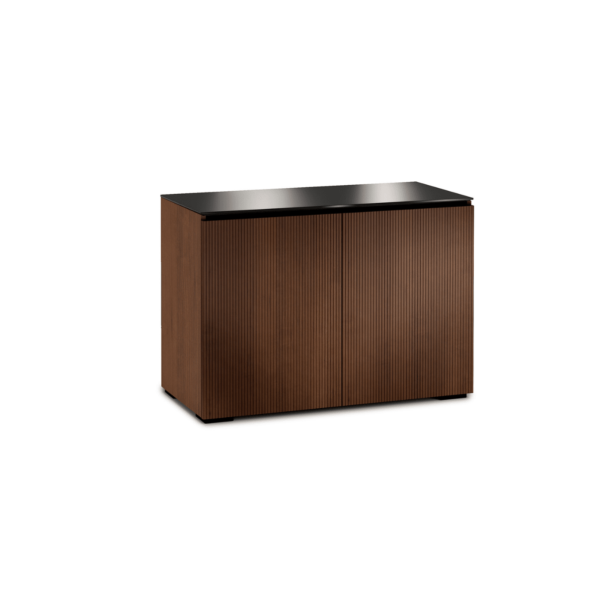 Wooden sideboard with black top on a white background