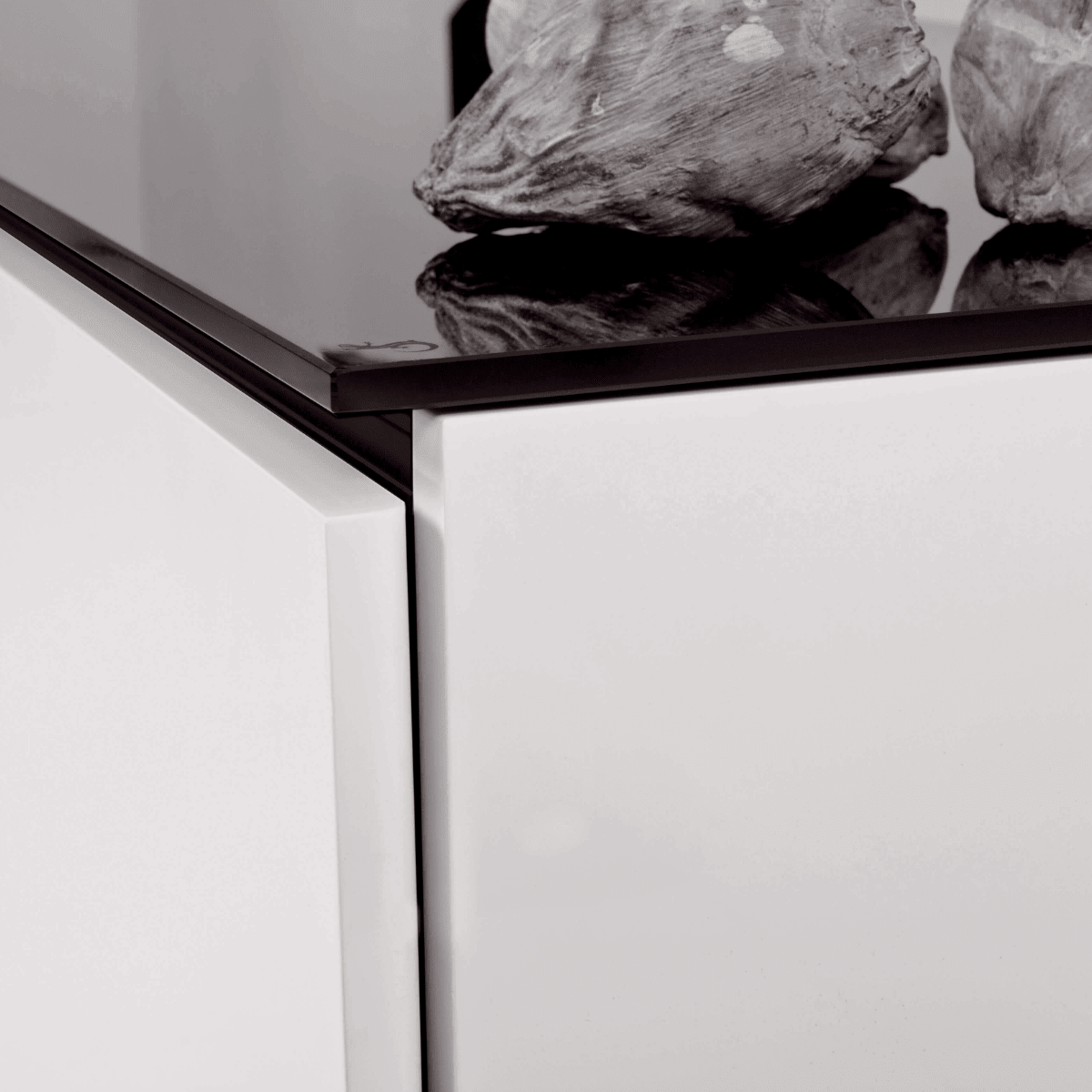 Salamander Designs Miami media cabinet gloss white with glass top modern AV cabinet closeup