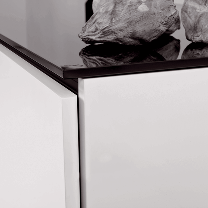Salamander Designs Miami media cabinet gloss white with glass top modern AV cabinet closeup