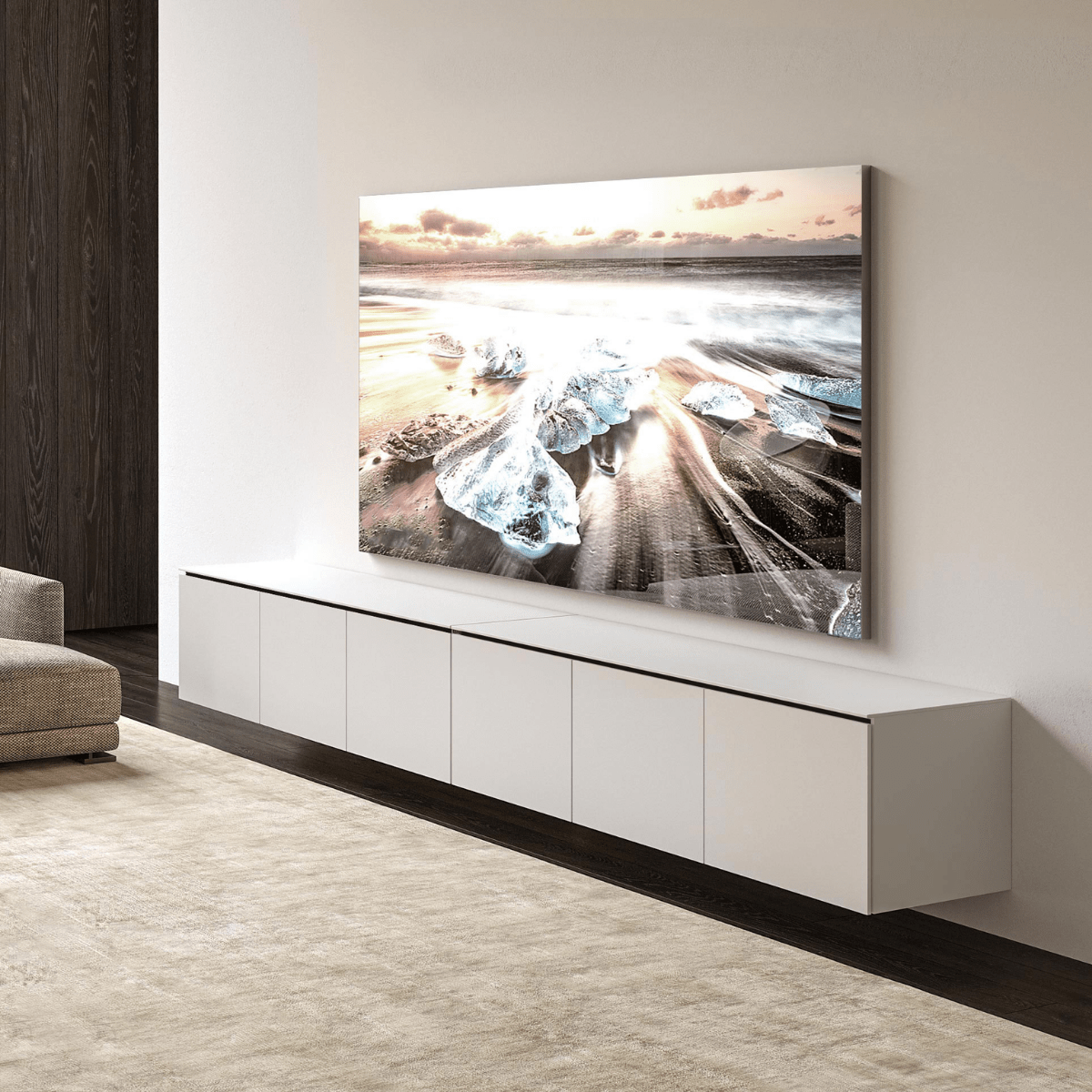 Salamander Designs Miami media cabinet gloss white with glass top modern AV cabinet 3 bay