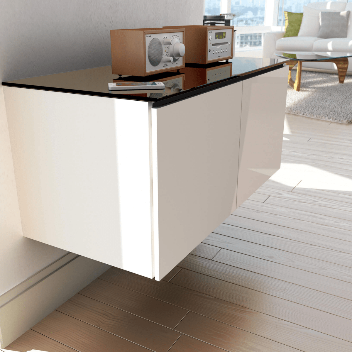 Salamander Designs Miami media cabinet gloss white with glass top modern AV cabinet 2 bay