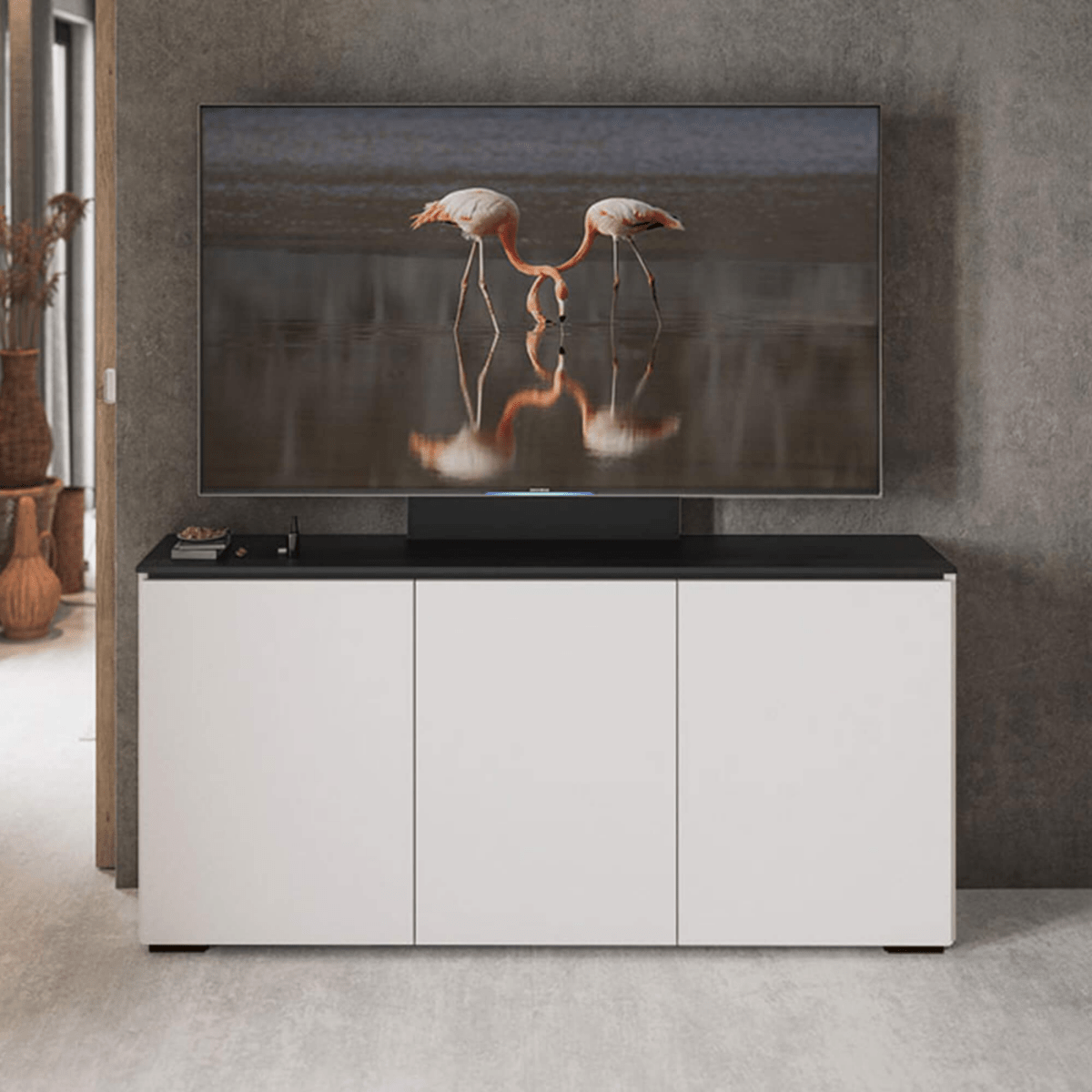 Salamander Designs Miami media cabinet gloss white with glass top modern AV cabinet 3 bay