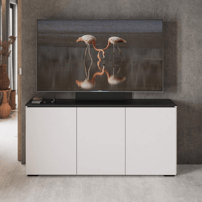 Salamander Designs Miami media cabinet gloss white with glass top modern AV cabinet 3 bay