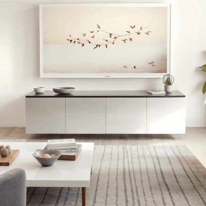 Salamander Designs Miami media cabinet gloss white with glass top modern AV cabinet 4 bay
