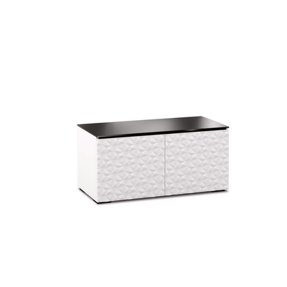 Salamander Designs Milan media cabinet white finish with black glass top modern AV cabinet 2 bay