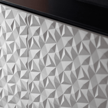 Salamander Designs Milan media cabinet white finish with black glass top modern AV cabinet closeup