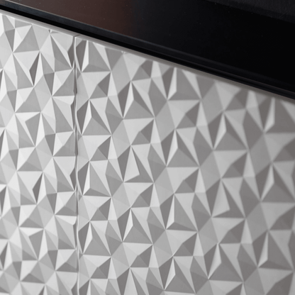 Salamander Designs Milan media cabinet white finish with black glass top modern AV cabinet closeup