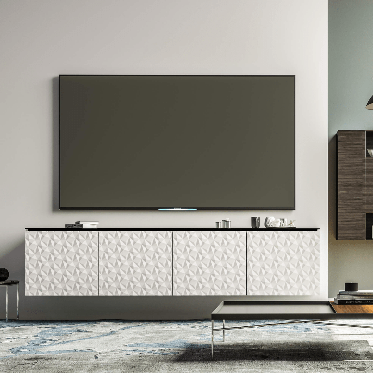 Salamander Designs Milan media cabinet white finish with black glass top modern AV cabinet 4 bay