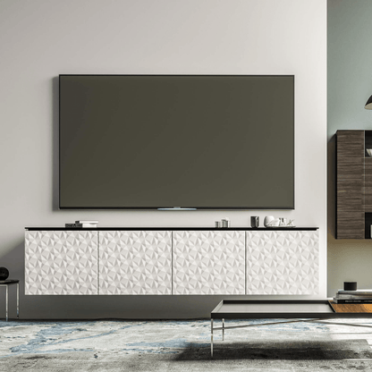 Salamander Designs Milan media cabinet white finish with black glass top modern AV cabinet 4 bay
